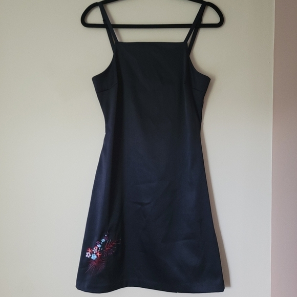 Vintage Dresses & Skirts - Vintage 90s Y2K Sexy Black Satin Square Bib Neckline Mini Dress Embroidered Sz 7